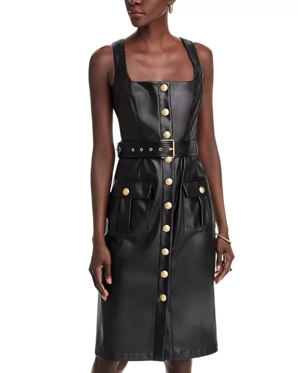 L'AGENCE Button Front Faux Leather Tank Dress