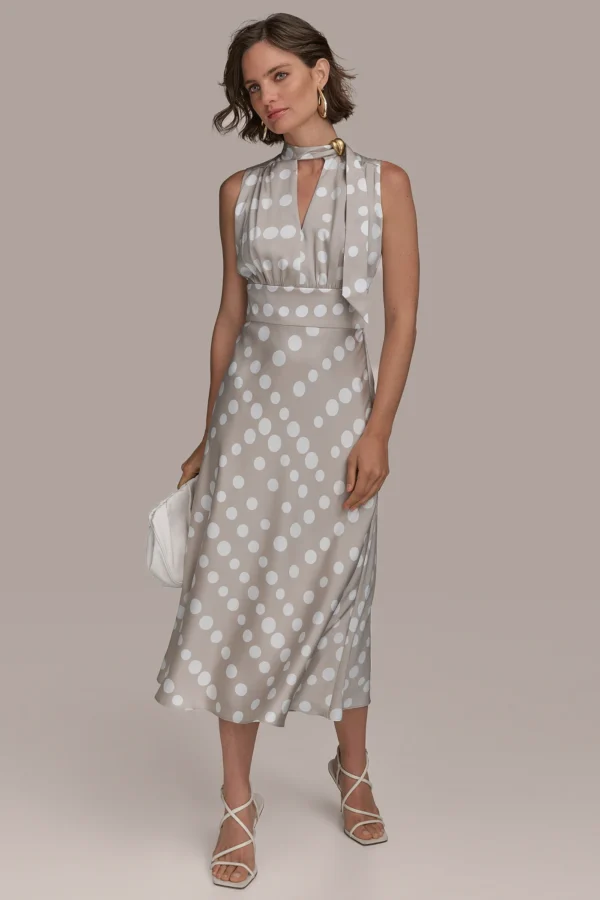 Sleeveless Tie Neck Polka Dot A-line Dress